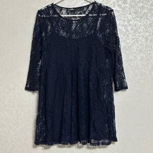 Kitsch Floral Lace Overlay Dress with Slip Navy Blue Babydoll Mini Whimsical M